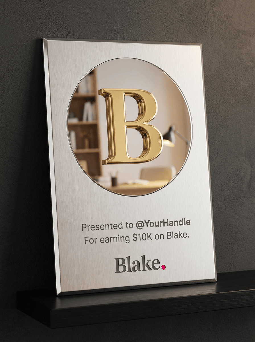 Concept rendering of the planned $10K plaque: brushed silver with a mirrored circle, a raised gold B, and the Blake wordmark