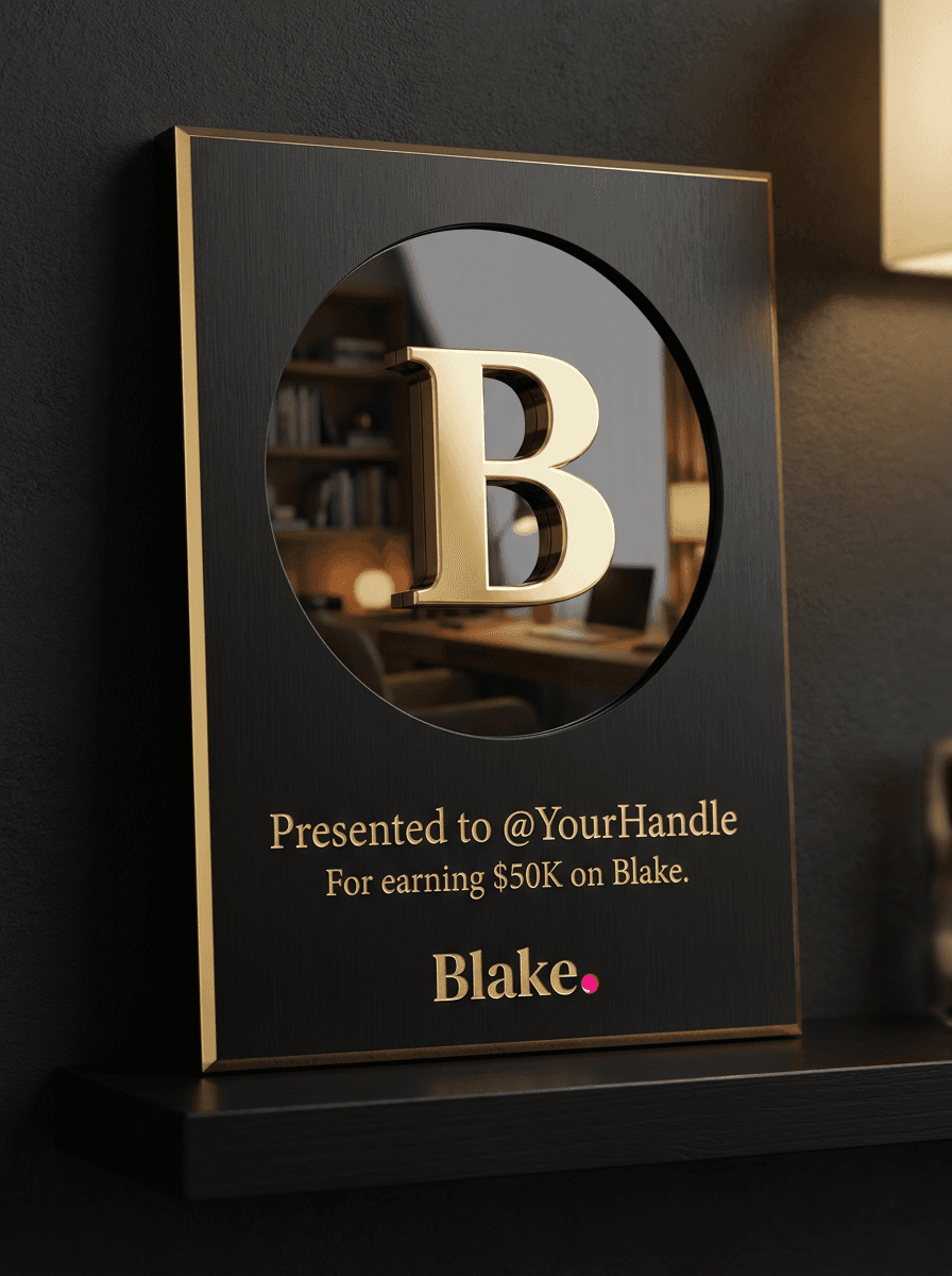 Concept rendering of the planned $50K plaque: matte black with a gold edge, a mirrored circle, a raised gold B, and the Blake wordmark in gold